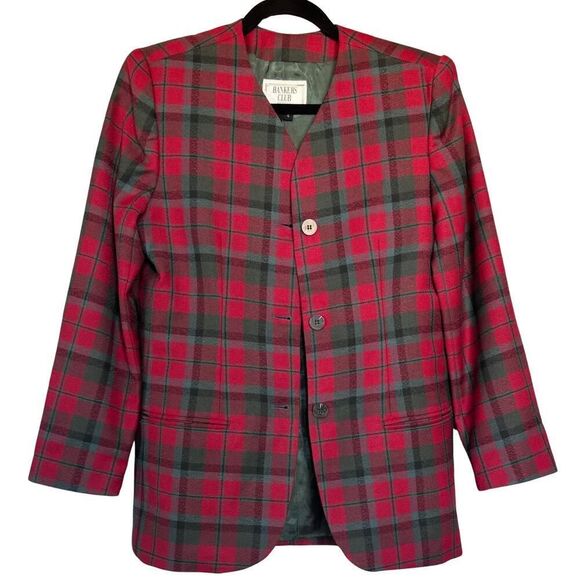 Bankers Club Blazer Womens Size 4 Petites Red Gray Plaid Checks Long‎ Sleeves - Picture 2 of 9